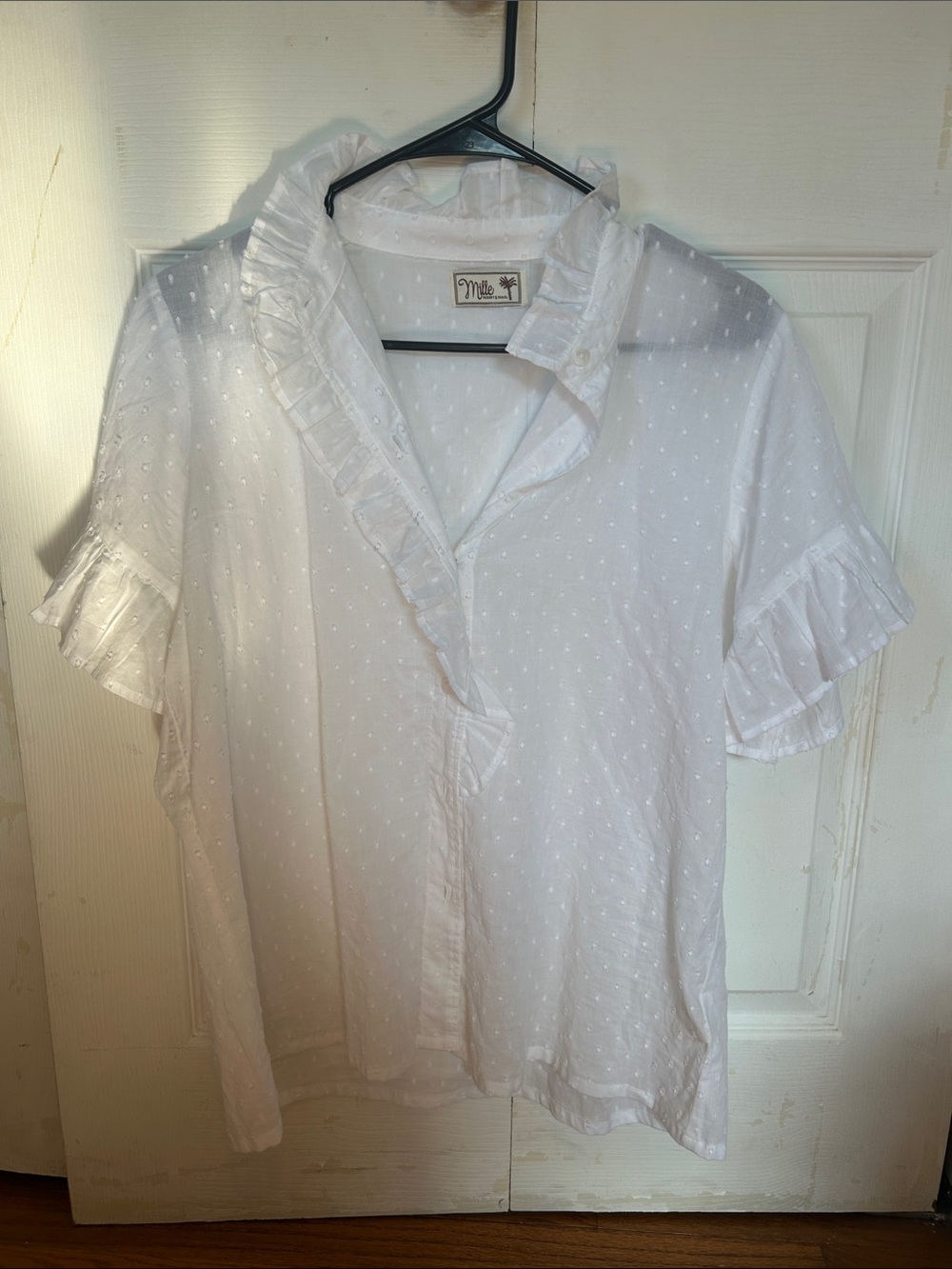 Mille White Ruffle Swiss Dot Short Sleeve Blouse